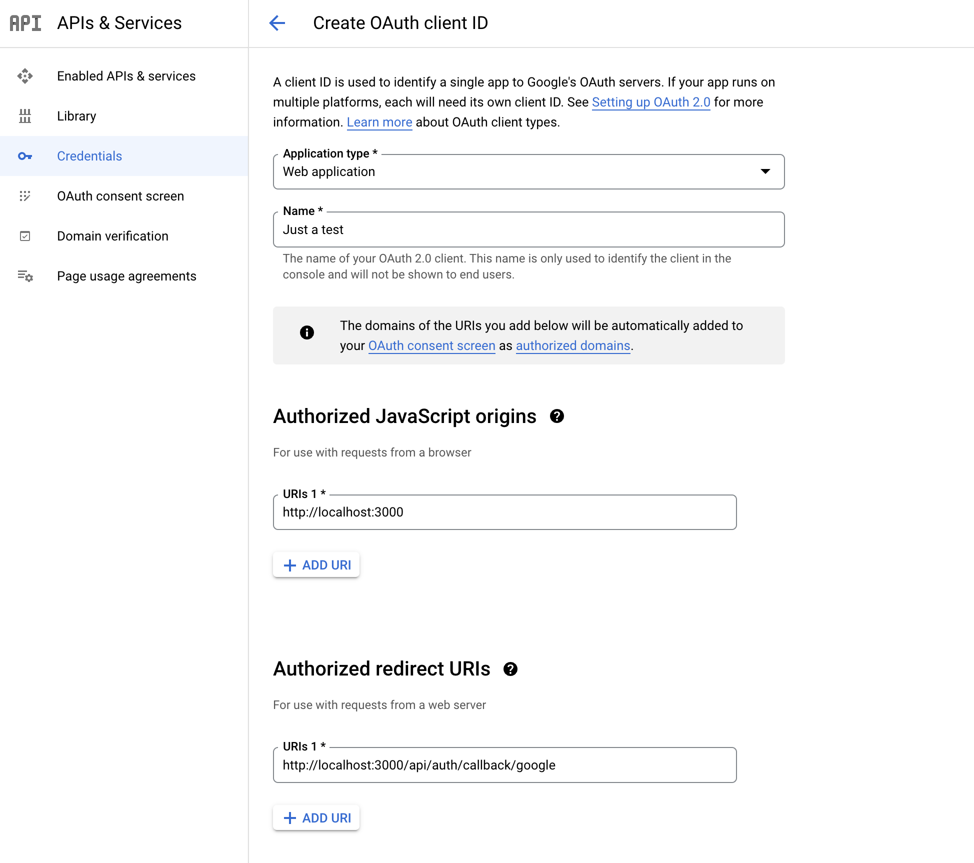 Google Cloud Console, credentials page